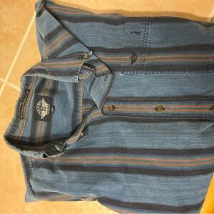 Vintage design Dockers Blue Striped Button-Up Shirt with Red and Green Accents